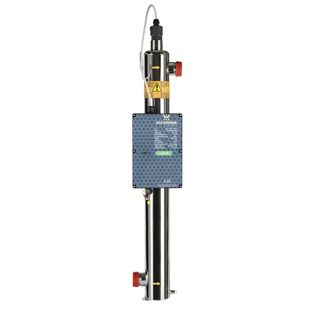 Rostfritt stål UVC poolvattenrenare med panel och röda ventiler